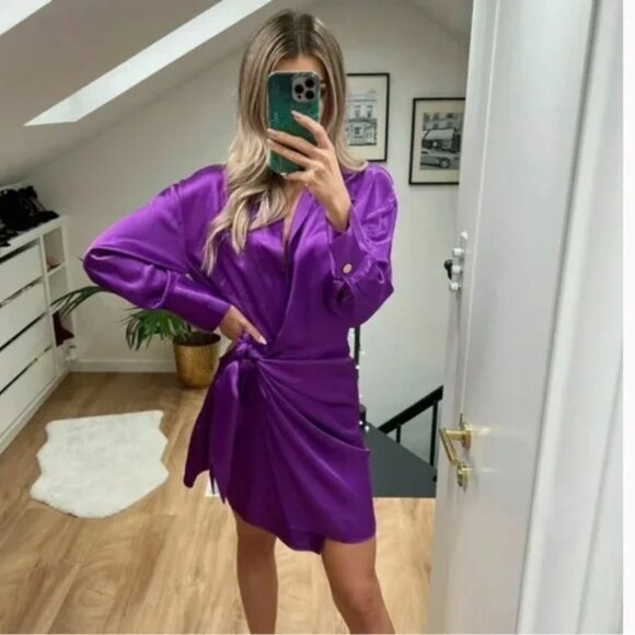 Zara Satin Effect Purple Wrap Dress Mini Medium - Picture 4 of 15